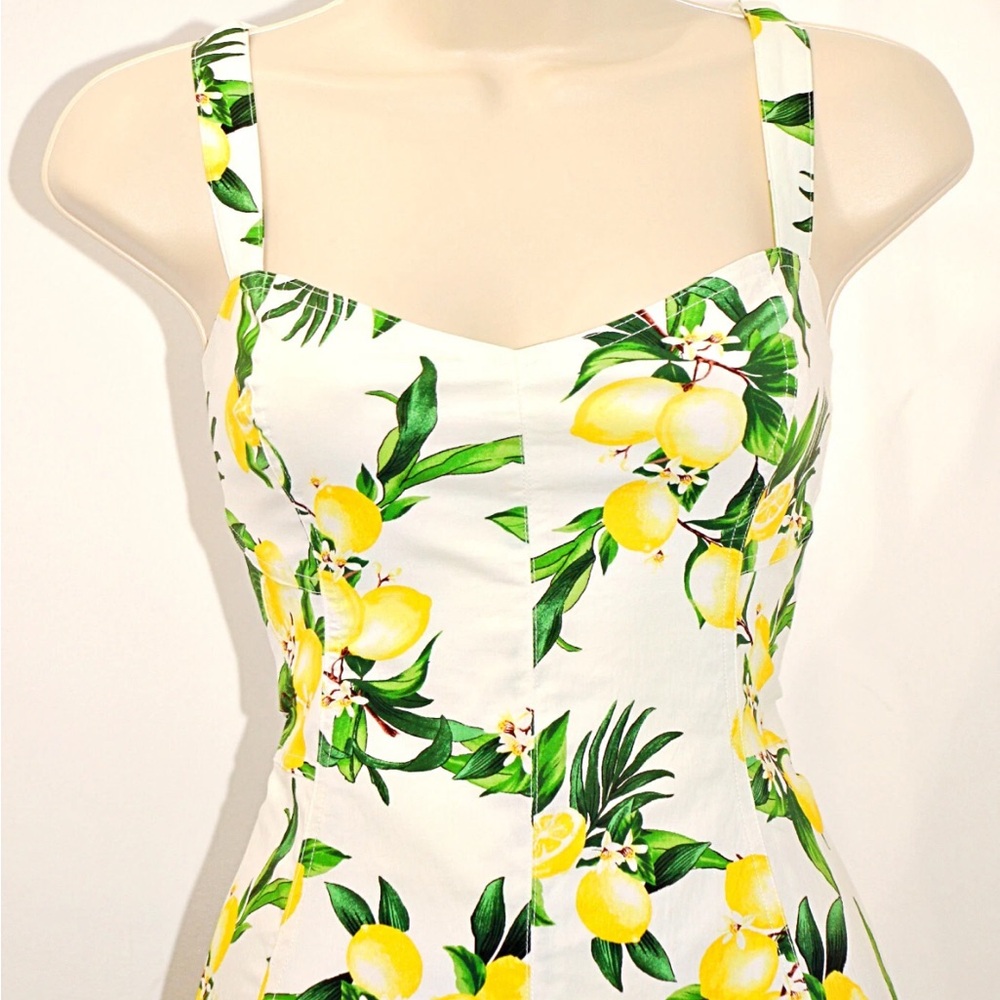 New Avec Les Filles Lemon Print Pockets Cotton-Blend Sweetheart Midi Dress - Picture 7 of 11